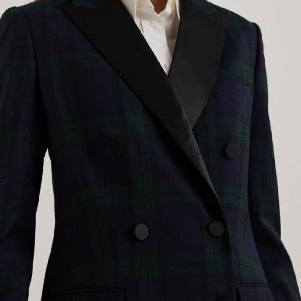 Ralph Lauren Plaid Double Breasted Satin Wool Tuxedo Blazer Green/Navy/Black 22W - Picture 3 of 14